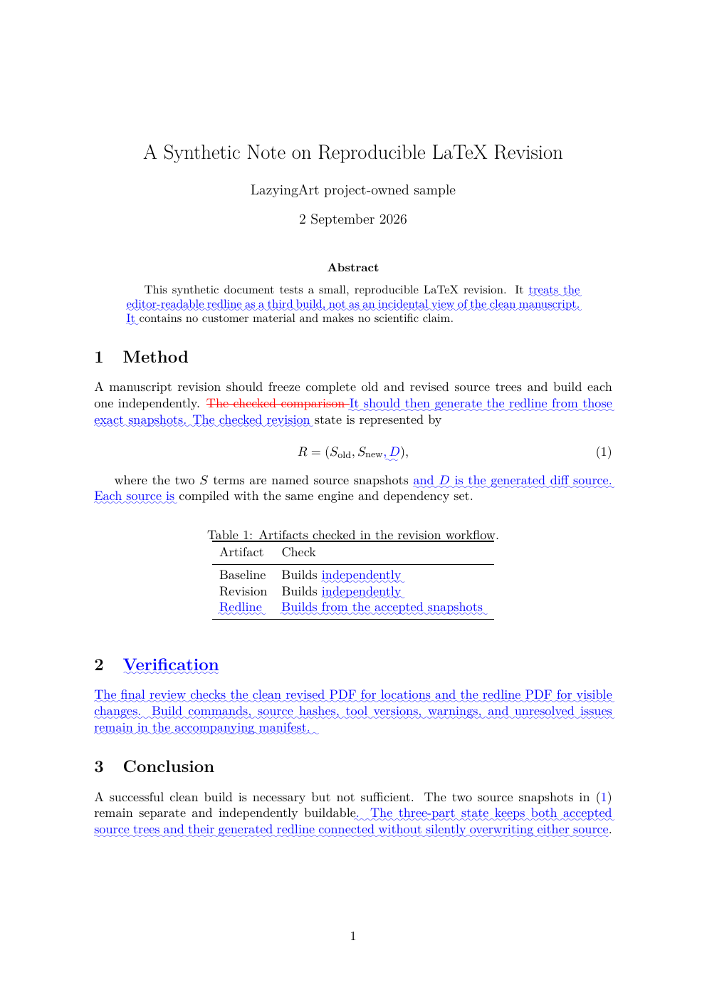 One-page synthetic LaTeX manuscript redline with visible blue additions and a red deletion