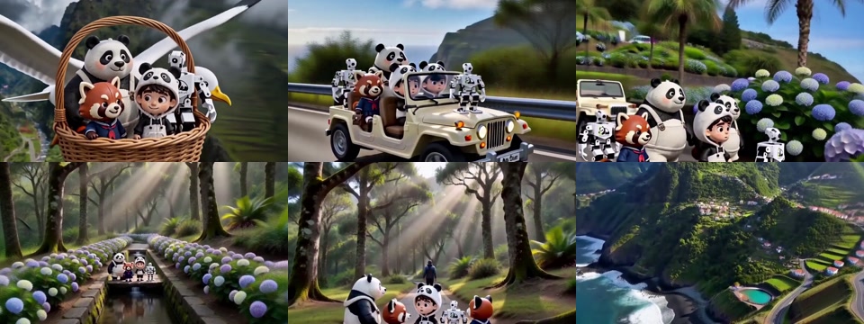 Six source frames showing a basket flight, coastal drive, flower garden, levada path, laurel forest, and volcanic coast